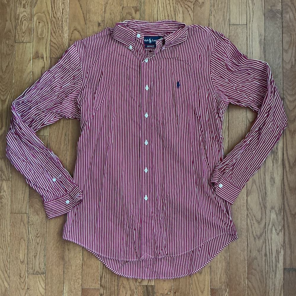 Ralph Lauren Button Up Long Sleeve Shirt Red & White Striped Size L